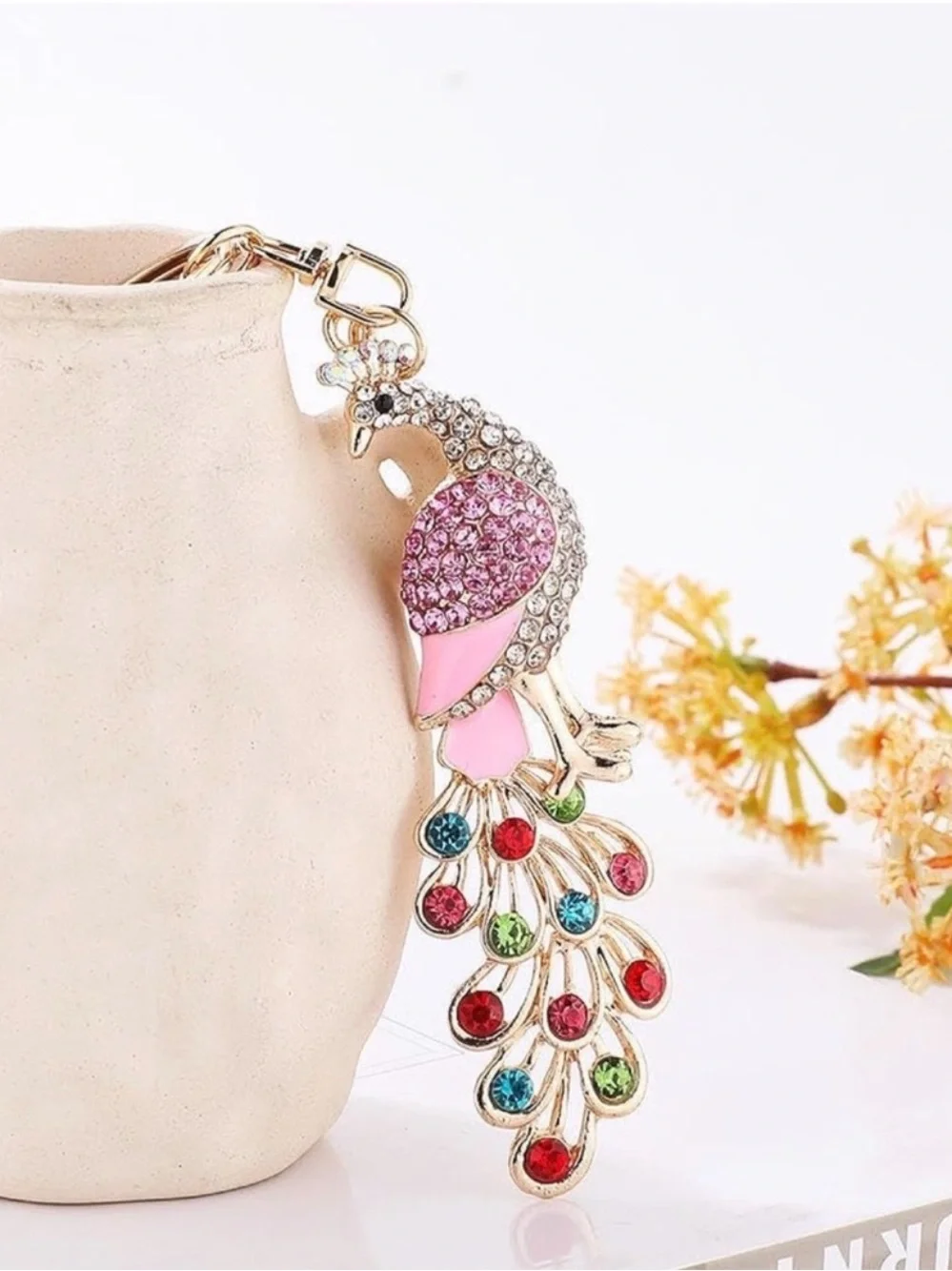 Gold-Tone Multicolor Crystal Peacock Pendant Keychain/Bag Charm • Pink or Blue